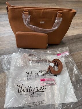 thirty-one tan pebbled faux leather tote with matching wallet and strap